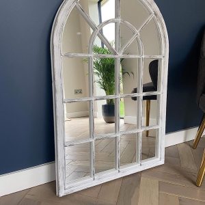 Creekwood Marseille Indoor/Outdoor Lightweight Arched Window Wall Mirror, White Brushed Grey, W65cm x H97cm x D3cm